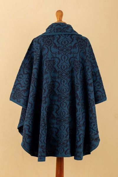 Alternate image for Unique Womens Alpaca Wool Blend Patterned Poncho Peruvian Wildflower in Blue