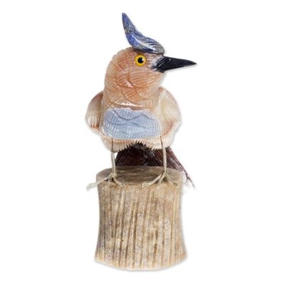 Alternate image for Handmade Calcite and Garnet Bird Sculpture Blue Crested Bird