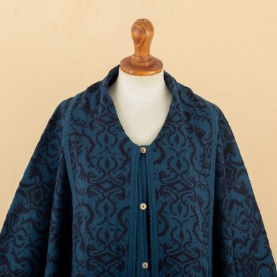 Alternate image for Unique Womens Alpaca Wool Blend Patterned Poncho Peruvian Wildflower in Blue