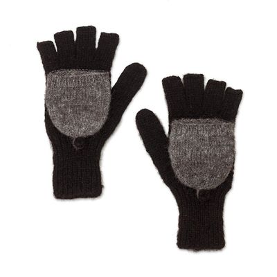 Alternate image for Black and Grey Convertible 100 Alpaca Mittens Winter Mornings