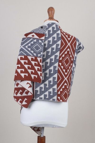 Alternate image for Alpaca Blend Geometric Shawl in Brick and Slate from Peru Geometric Andes