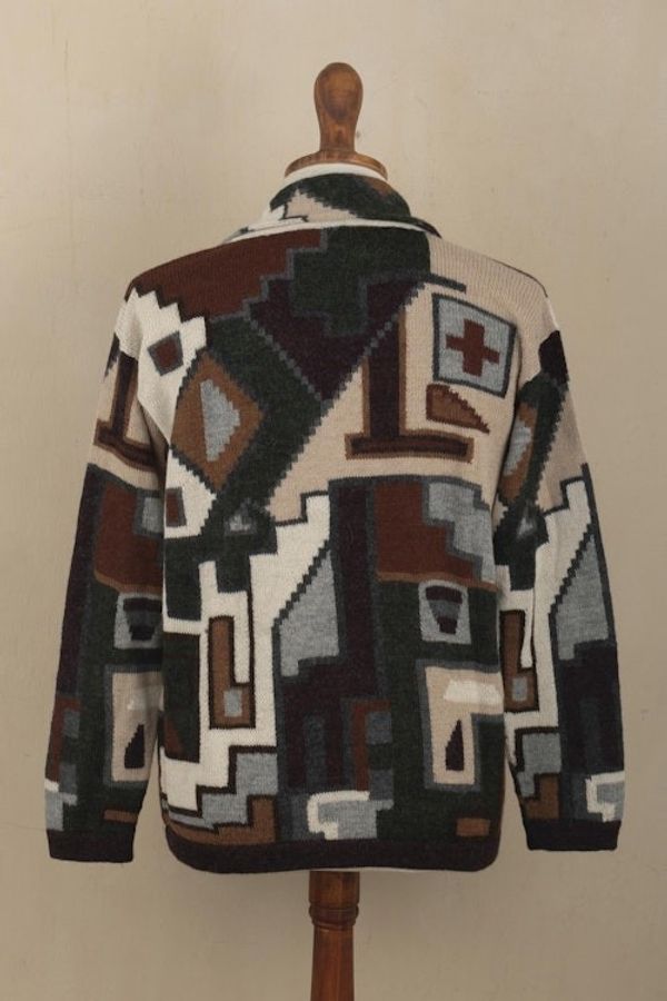 Alternate image for Mens 100 Alpaca Geometric Patterned Cardigan from Peru Inca Construction