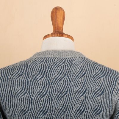 Alternate image for Blue and Grey Mens 100 Alpaca Ribbed Knit Pullover Sweater Brioche