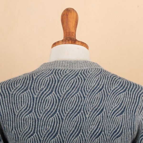 Alternate image for Blue and Grey Mens 100 Alpaca Ribbed Knit Pullover Sweater Brioche