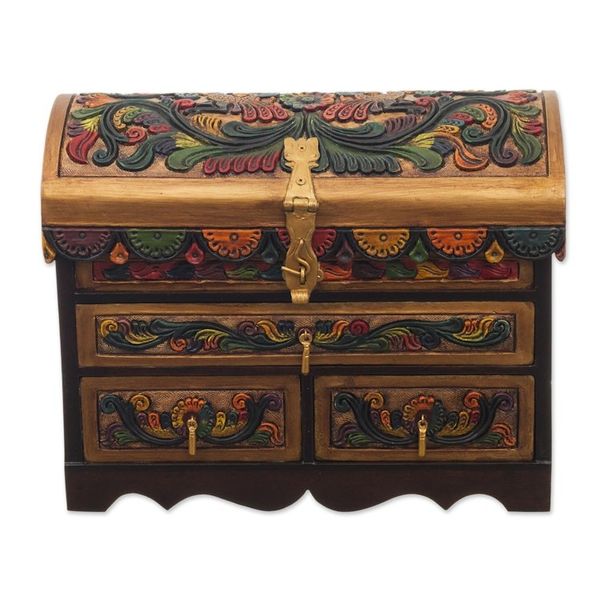 Alternate image for Tooled Leather, Cedar Embellished Wood Domed-Lid Jewelry Box Guardian Birds