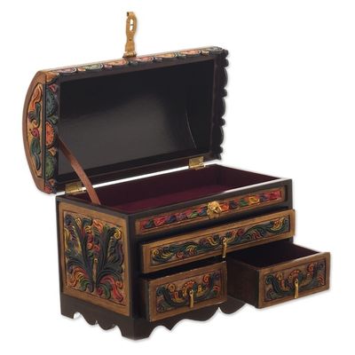 Alternate image for Tooled Leather, Cedar Embellished Wood Domed-Lid Jewelry Box Guardian Birds