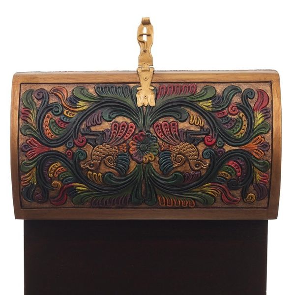 Alternate image for Tooled Leather, Cedar Embellished Wood Domed-Lid Jewelry Box Guardian Birds