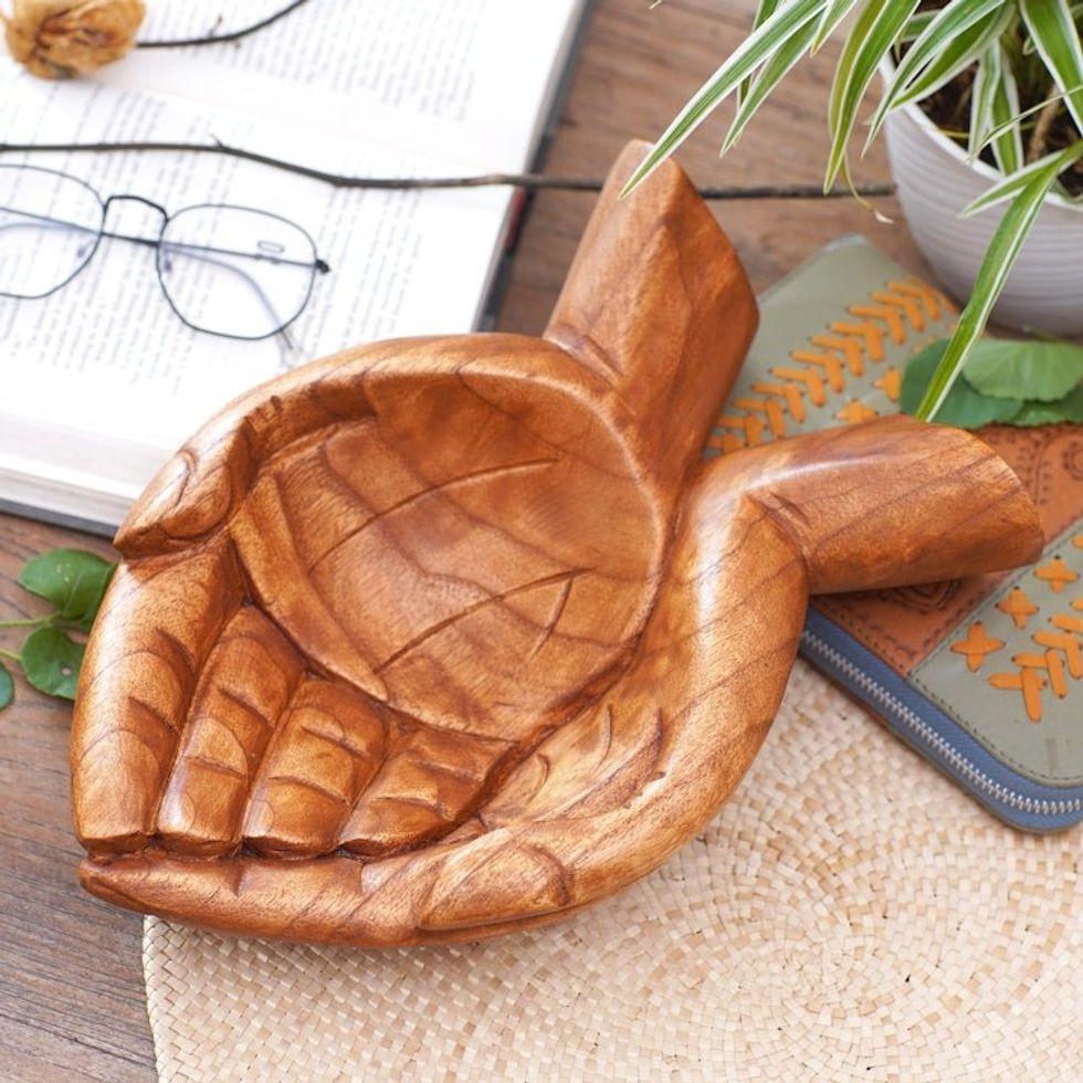 Suar Wood Hand Catchall Crafted in Indonesia 'Giving Alms'