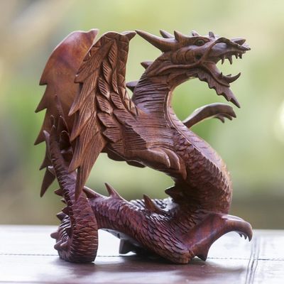 Alternate image for Hand Carved Wood Dragon Sculpture Winged Dragon