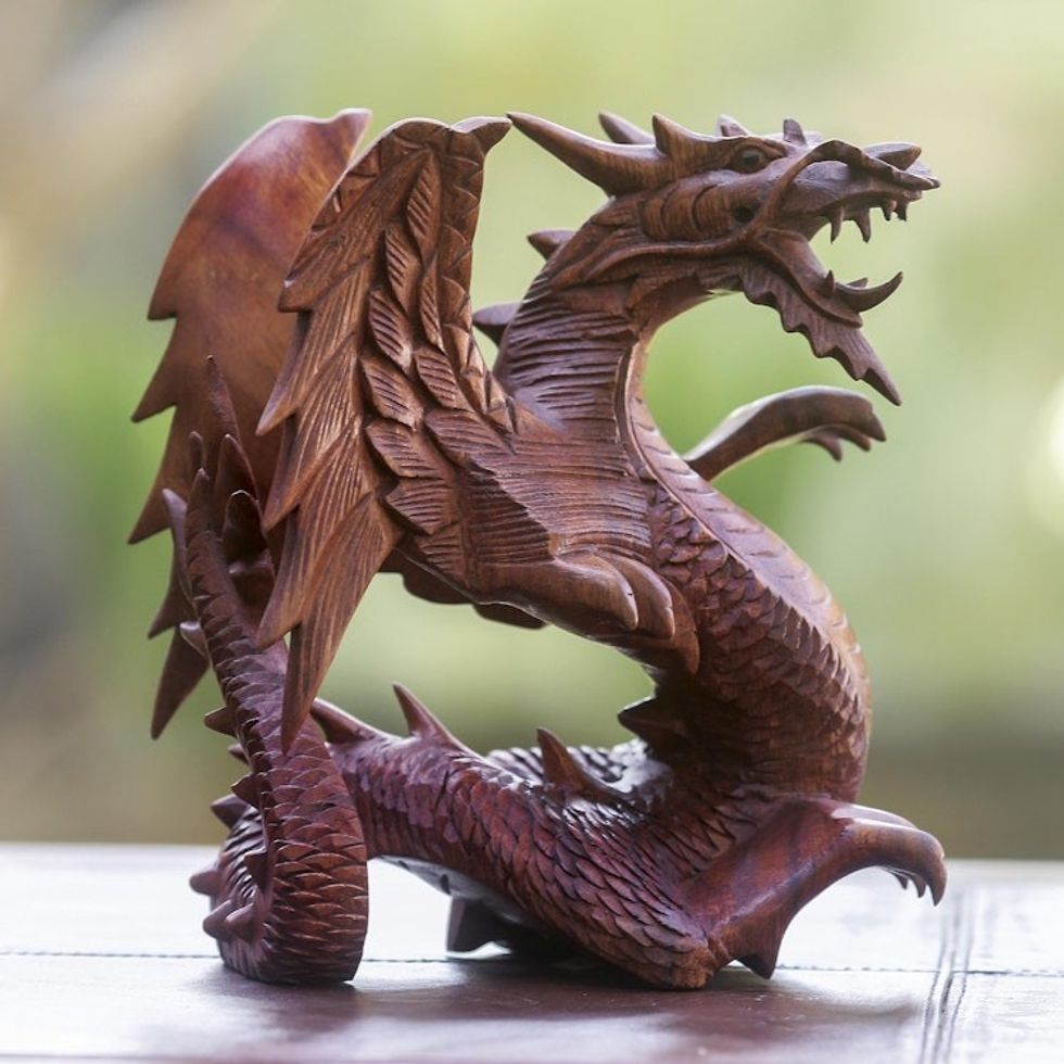 Hand Carved Wood Dragon Sculpture 'Winged Dragon'