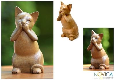 Alternate image for Suar Wood Sculpture Speak No Evil Cat