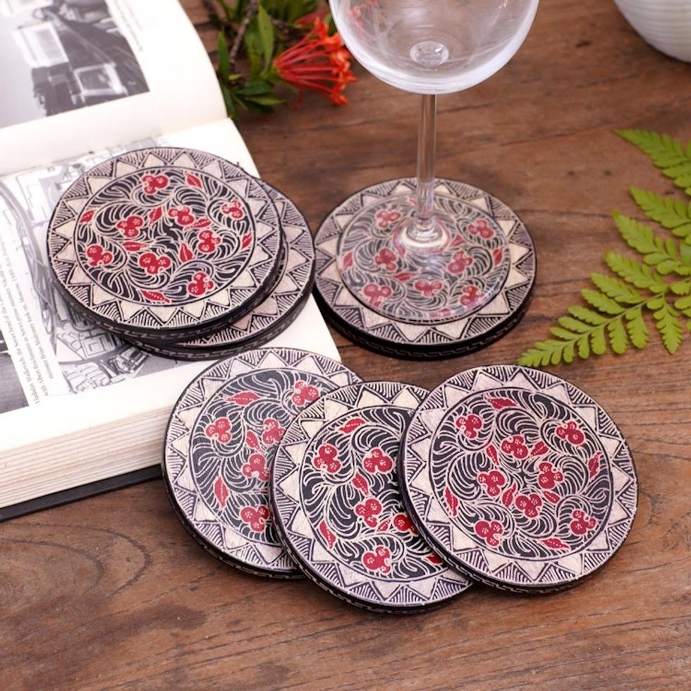 Hand Stamped Wood Batik Coasters from Java Set of 6 'Phoenix Flowers'