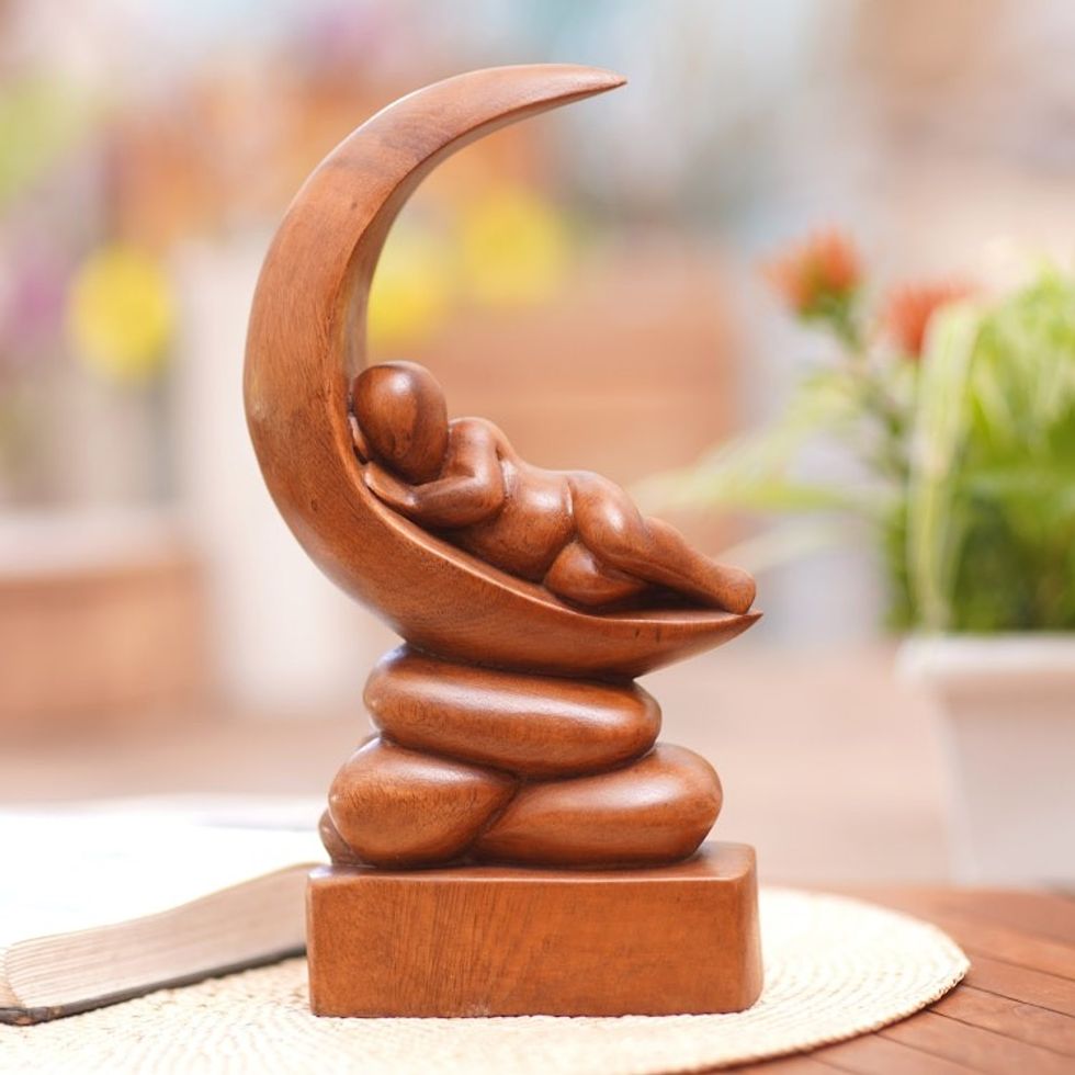 Suar Wood Figure Sculpture with Moon Motif 'Dream Baby'