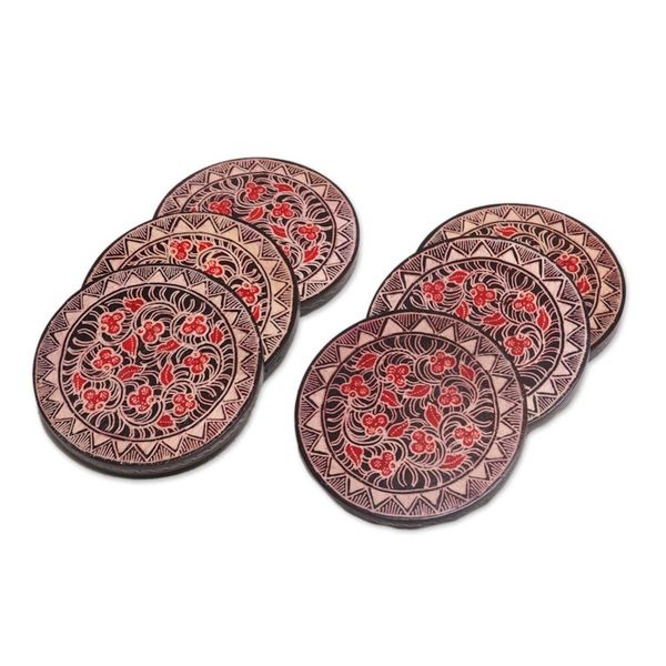 Alternate image for Hand Stamped Wood Batik Coasters from Java Set of 6 Phoenix Flowers