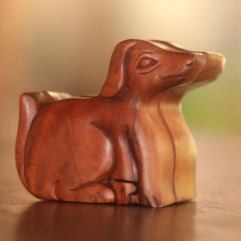 Handmade Suar Wood Dog Puzzle Box from Bali 'Playful Dog'