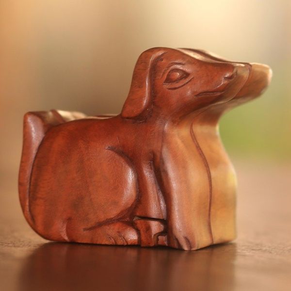 Alternate image for Handmade Suar Wood Dog Puzzle Box from Bali Playful Dog