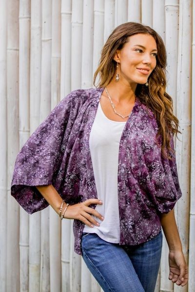 Alternate image for Purple Batik Short Rayon Kimono Jacket Lavish Garden in Boysenberry