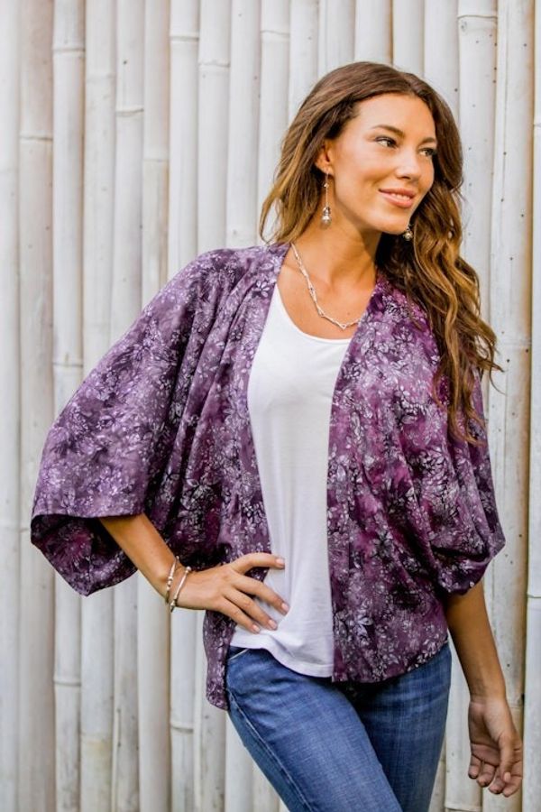 Alternate image for Purple Batik Short Rayon Kimono Jacket Lavish Garden in Boysenberry