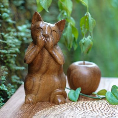 Alternate image for Suar Wood Sculpture Speak No Evil Cat