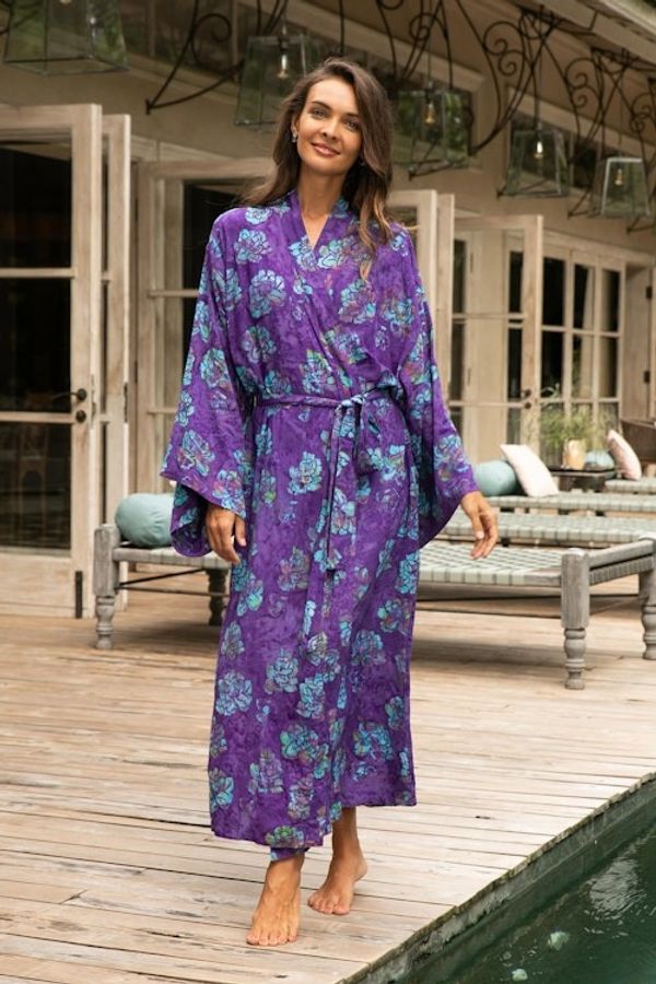 Alternate image for Purple Blue Batik Print Long Sleeved Rayon Robe with Belt Daydream in Violet
