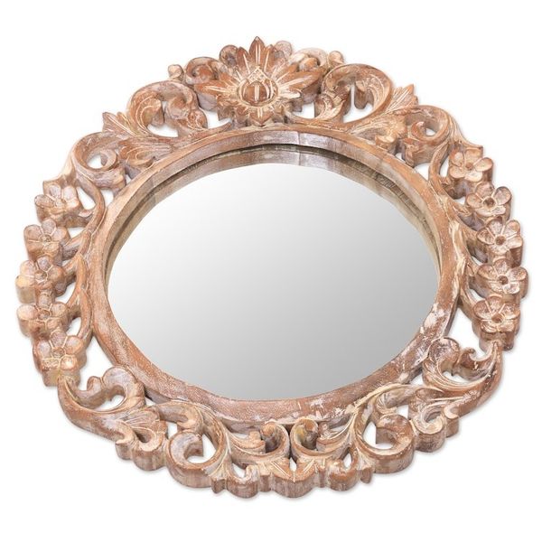 Alternate image for Hand Carved Suar Wood Floral Wall Mirror from Bali Gianyar Garden