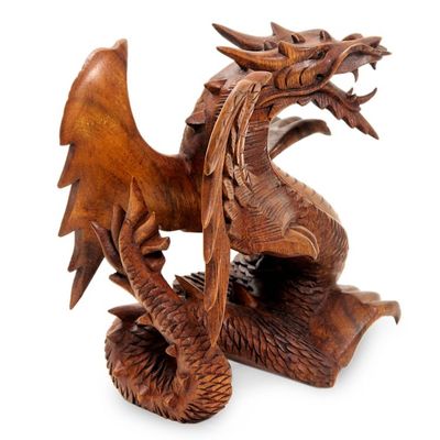 Alternate image for Hand Carved Wood Dragon Sculpture Winged Dragon