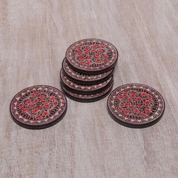 Alternate image for Hand Stamped Wood Batik Coasters from Java Set of 6 Phoenix Flowers