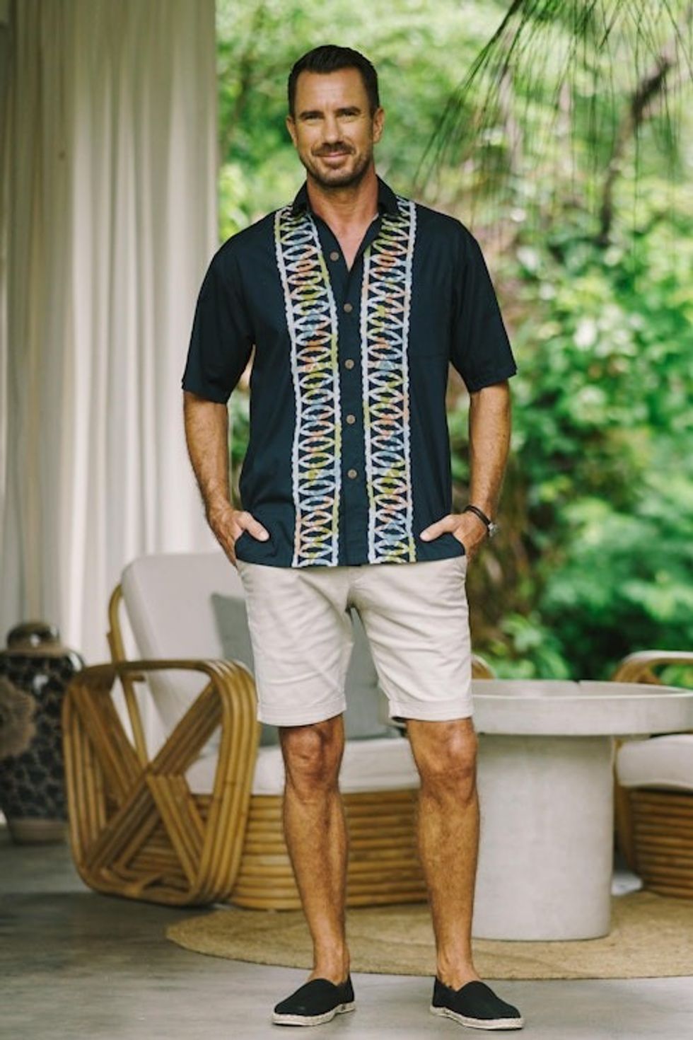 Artisan Crafted Button-Up Short Sleeve Men's Batik Shirt 'Batik Boat'