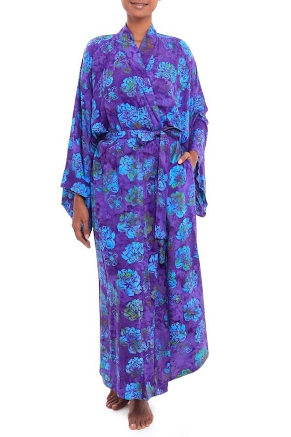 Alternate image for Purple Blue Batik Print Long Sleeved Rayon Robe with Belt Daydream in Violet