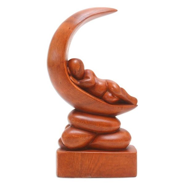 Alternate image for Suar Wood Figure Sculpture with Moon Motif Dream Baby
