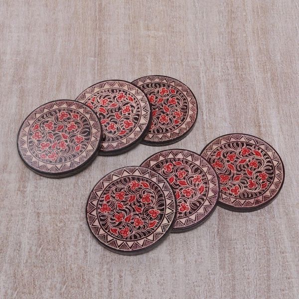 Alternate image for Hand Stamped Wood Batik Coasters from Java Set of 6 Phoenix Flowers