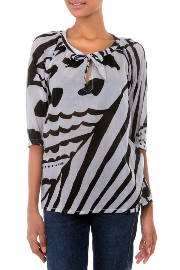 Alternate image for Batik Cotton Patterned Blouse in Black and White Island Life