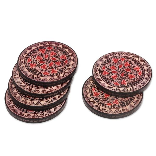 Alternate image for Hand Stamped Wood Batik Coasters from Java Set of 6 Phoenix Flowers