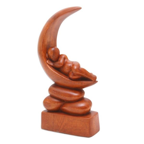 Alternate image for Suar Wood Figure Sculpture with Moon Motif Dream Baby