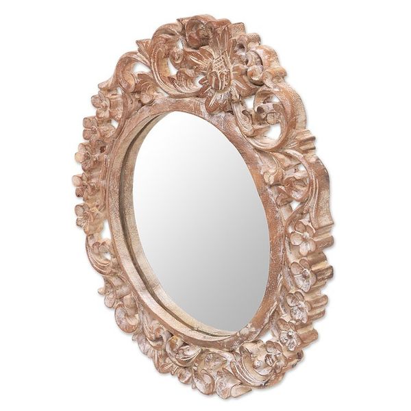 Alternate image for Hand Carved Suar Wood Floral Wall Mirror from Bali Gianyar Garden