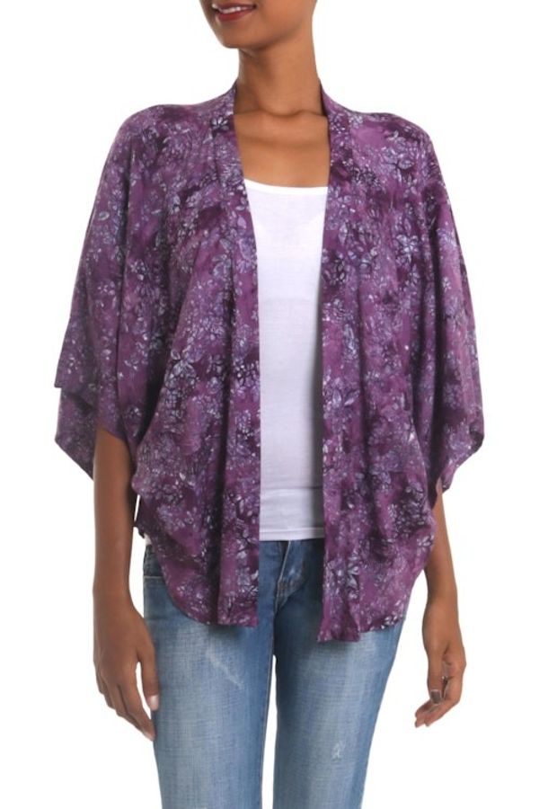 Alternate image for Purple Batik Short Rayon Kimono Jacket Lavish Garden in Boysenberry