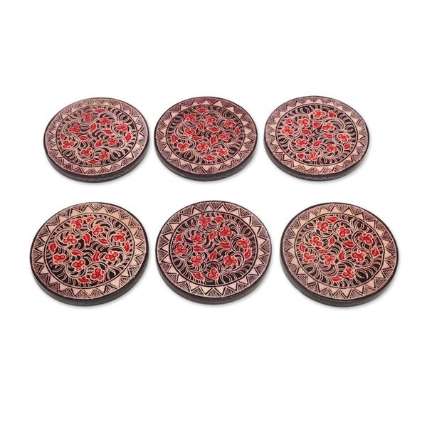 Alternate image for Hand Stamped Wood Batik Coasters from Java Set of 6 Phoenix Flowers