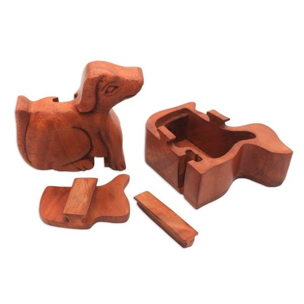 Alternate image for Handmade Suar Wood Dog Puzzle Box from Bali Playful Dog