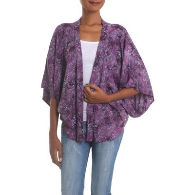 Alternate image for Purple Batik Short Rayon Kimono Jacket Lavish Garden in Boysenberry