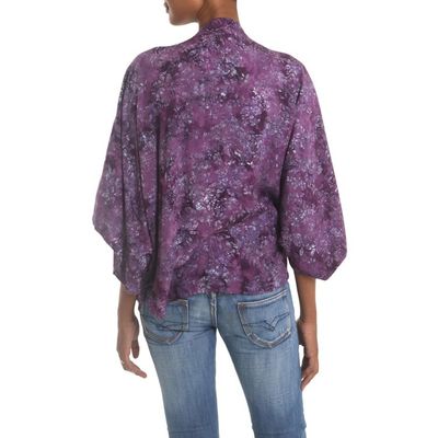 Alternate image for Purple Batik Short Rayon Kimono Jacket Lavish Garden in Boysenberry