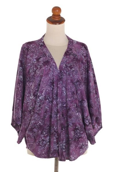 Alternate image for Purple Batik Short Rayon Kimono Jacket Lavish Garden in Boysenberry