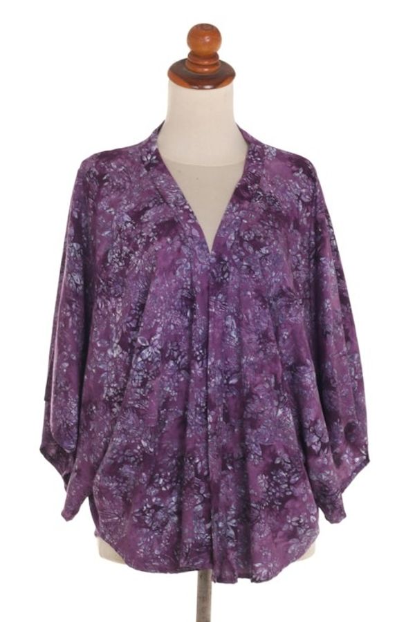 Alternate image for Purple Batik Short Rayon Kimono Jacket Lavish Garden in Boysenberry
