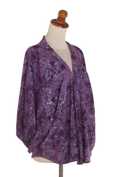 Alternate image for Purple Batik Short Rayon Kimono Jacket Lavish Garden in Boysenberry