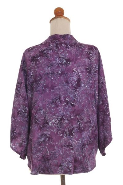 Alternate image for Purple Batik Short Rayon Kimono Jacket Lavish Garden in Boysenberry