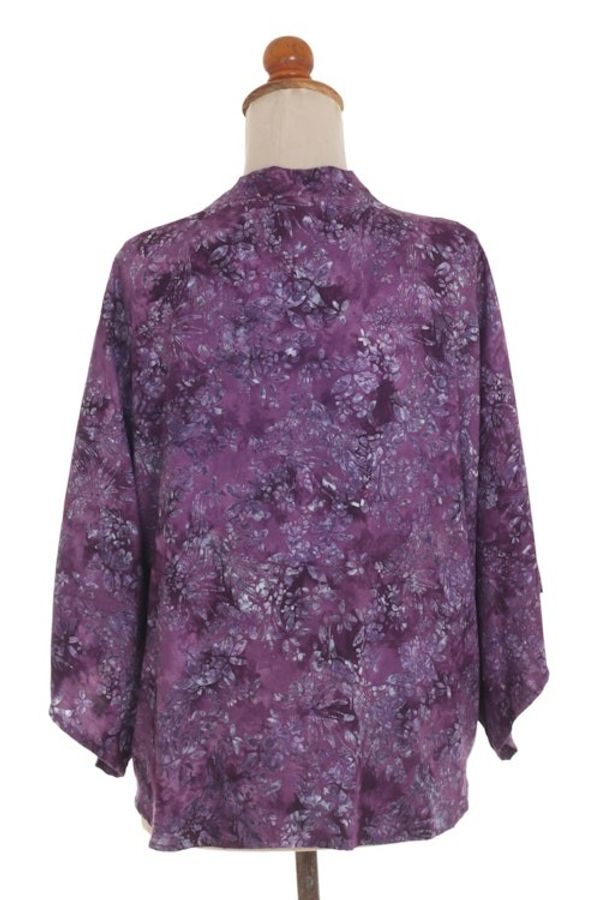 Alternate image for Purple Batik Short Rayon Kimono Jacket Lavish Garden in Boysenberry