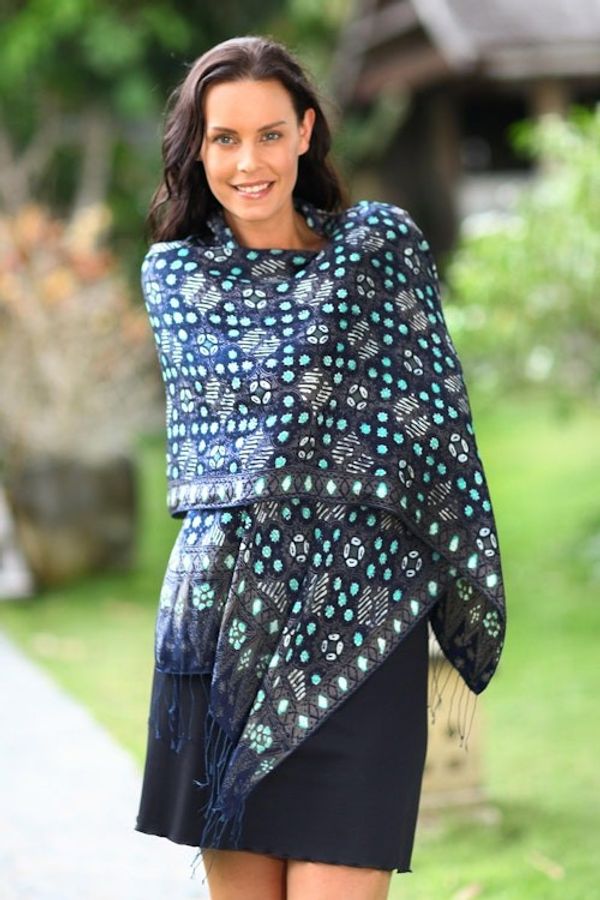 Alternate image for Blue Batik Silk Patterned Shawl Royal Art