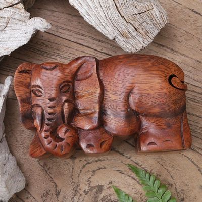 Alternate image for Hand Carved Wood Puzzle Box Elephant Shape from Indonesia Staring Elephant