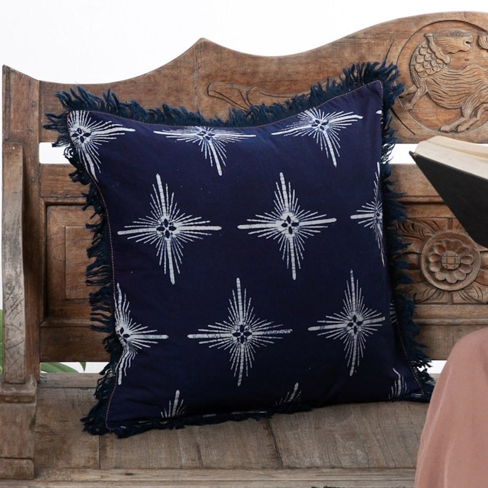 Star-Themed Midnight Cotton Batik Cushion Cover with Fringes 'Brightest Midnight Star'