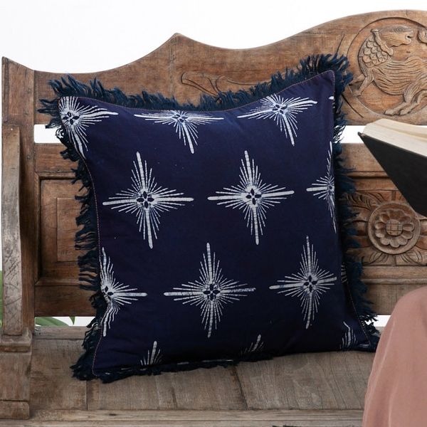 Alternate image for Star-Themed Midnight Cotton Batik Cushion Cover with Fringes Brightest Midnight Star