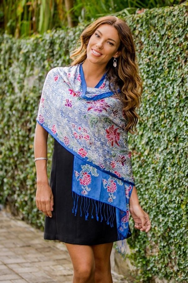 Alternate image for Blue Batik Silk Shawl Sapphire Mums